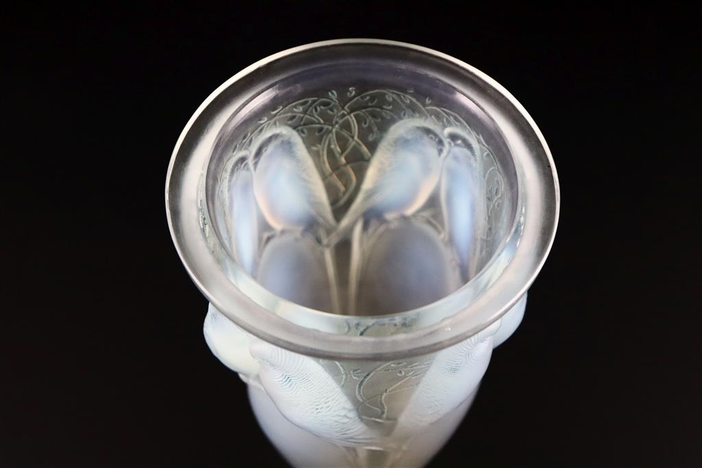 René Lalique. a pre-war opalescent glass Ceylan pattern vase, no.905, designed in 1924 24.3cm high